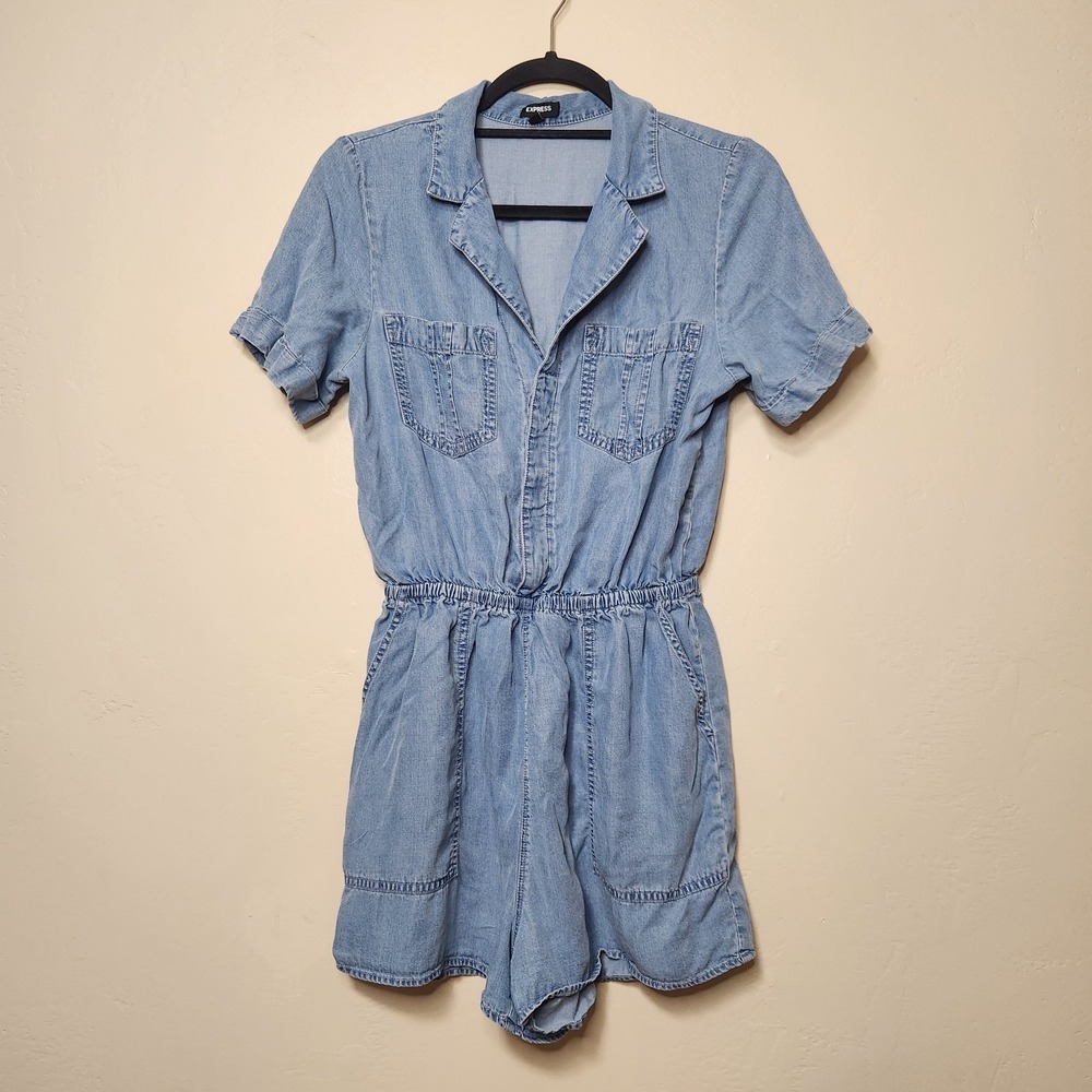 Express Womens Button Front Short Sleeve‎ Romper Shorts Blue Size Small